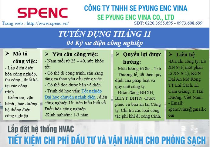 Công ty TNHH Se Pyung Vina tuyển dụng tháng 11